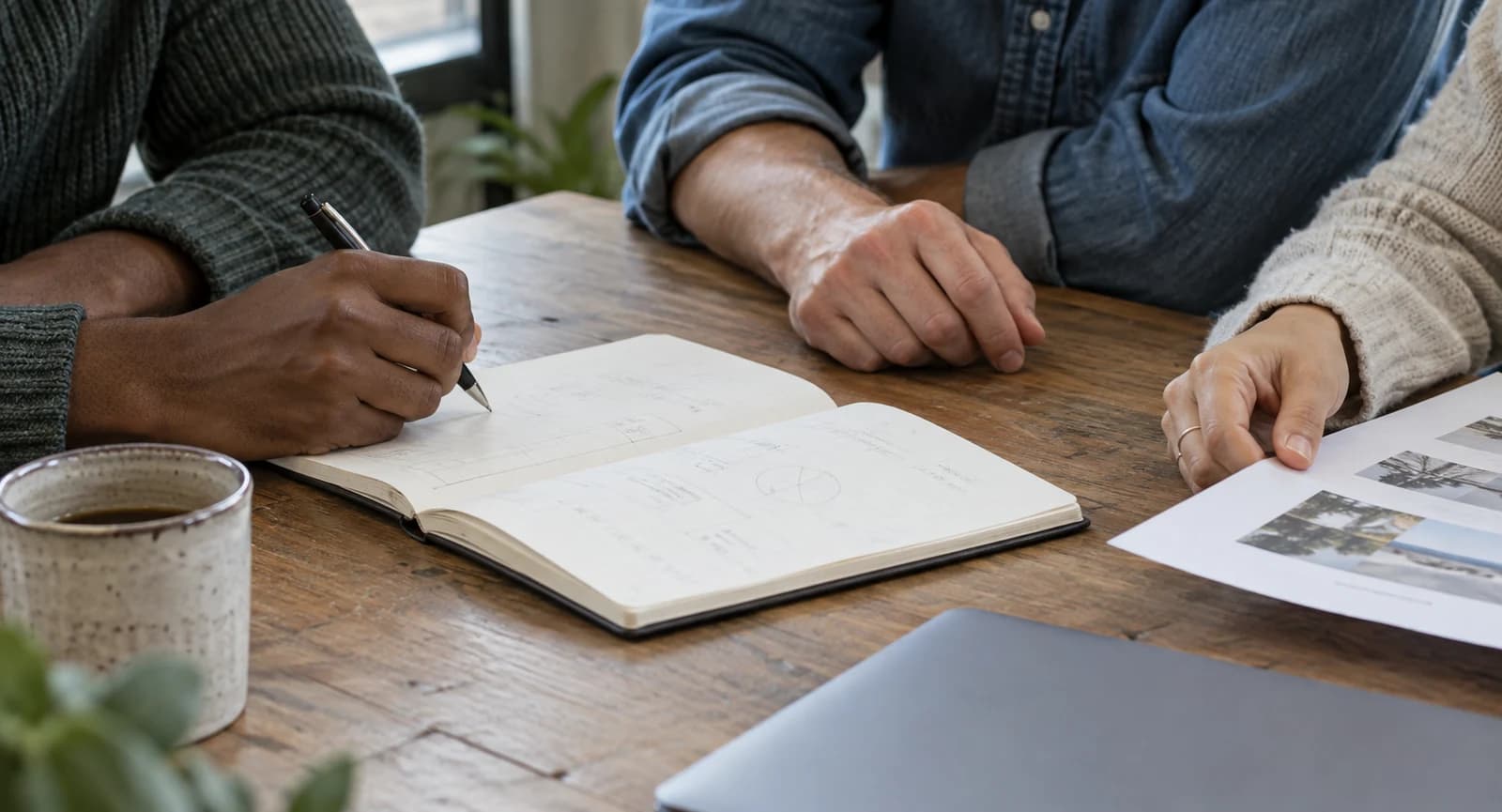 Colleagues review an open notebook and printed page, with one writing and the others resting their hands beside the work.