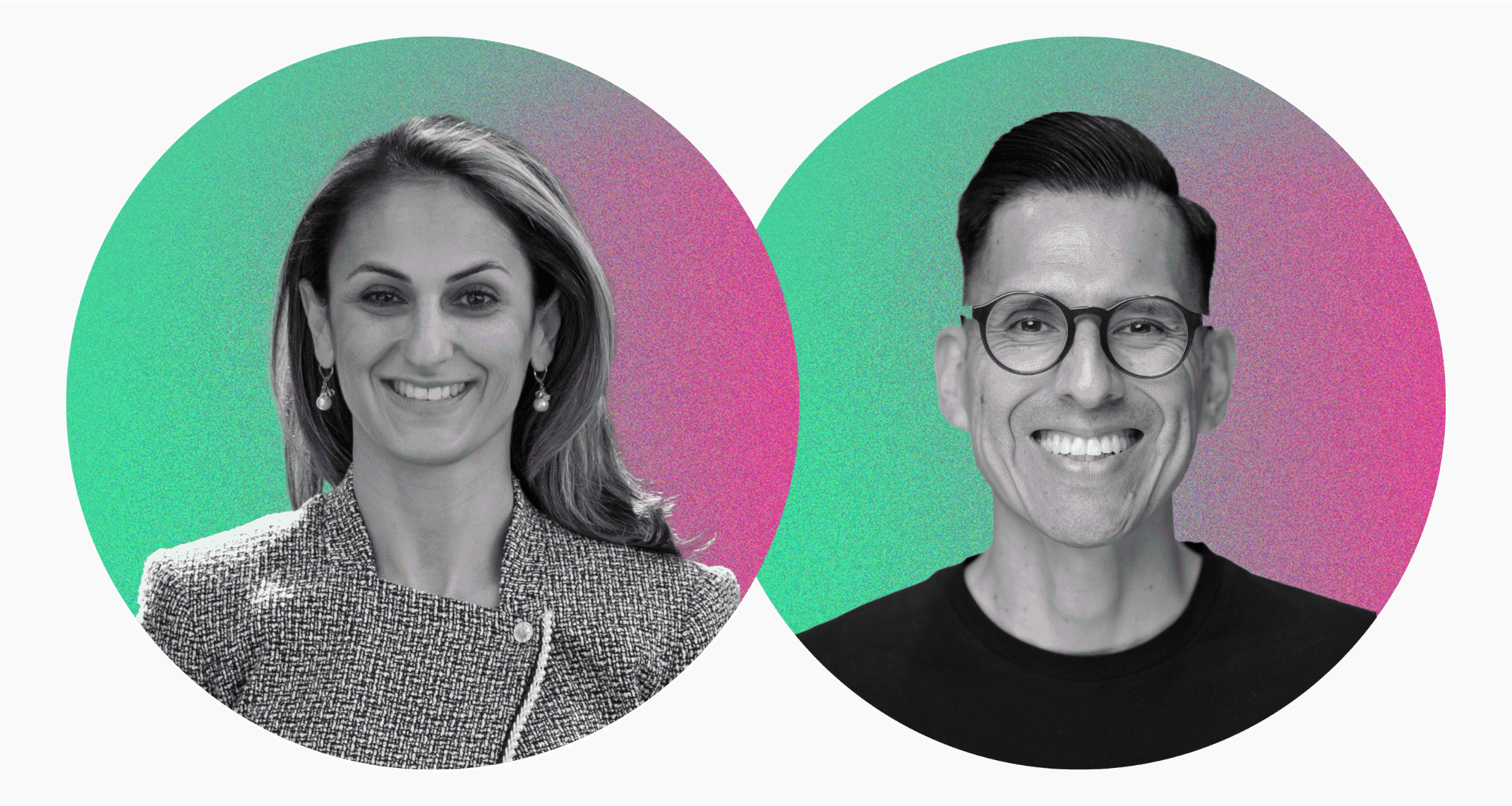 Black-and-white portraits of Nuralia's two founders, Houri and Augusto, side by side, each smiling against a jade-to-pink gradient circle on a charcoal background: a woman with long hair in a tweed jacket and pearl earrings, and a man with round glasses in a black crew-neck top.