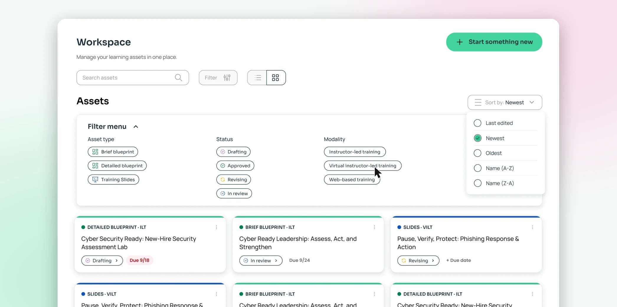 Nuralia's Workspace page as a grid of asset cards, with the Filter menu open on asset type, status, and modality, the Sort by menu open on Newest, and a small cursor pointing at one of the modality options.