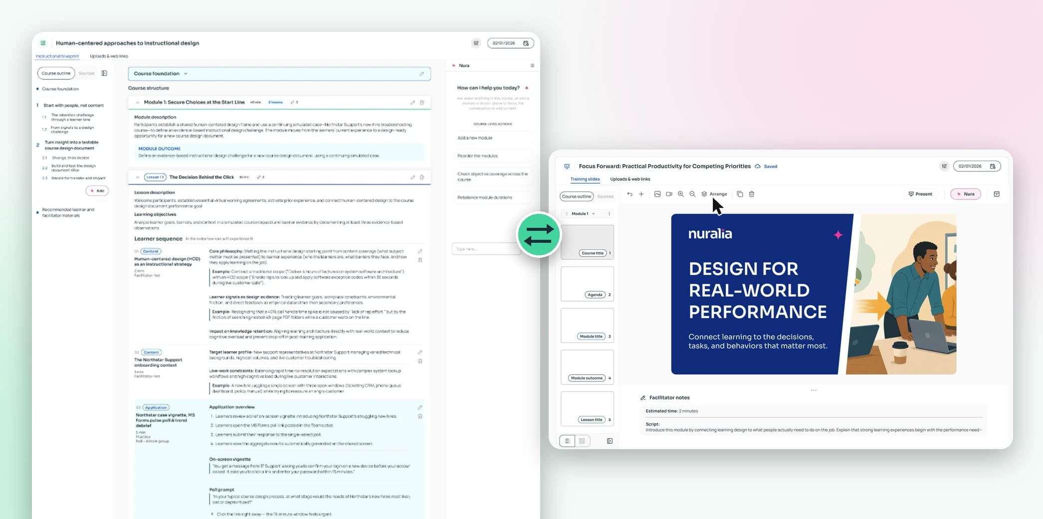 Nuralia's instructional blueprint canvas, with its course outline, course foundation, modules and Nura assistant, joined by a two-way arrow to the training slides canvas, which shows a Design for real-world performance title slide, a slide outline and a cursor over the Arrange control.