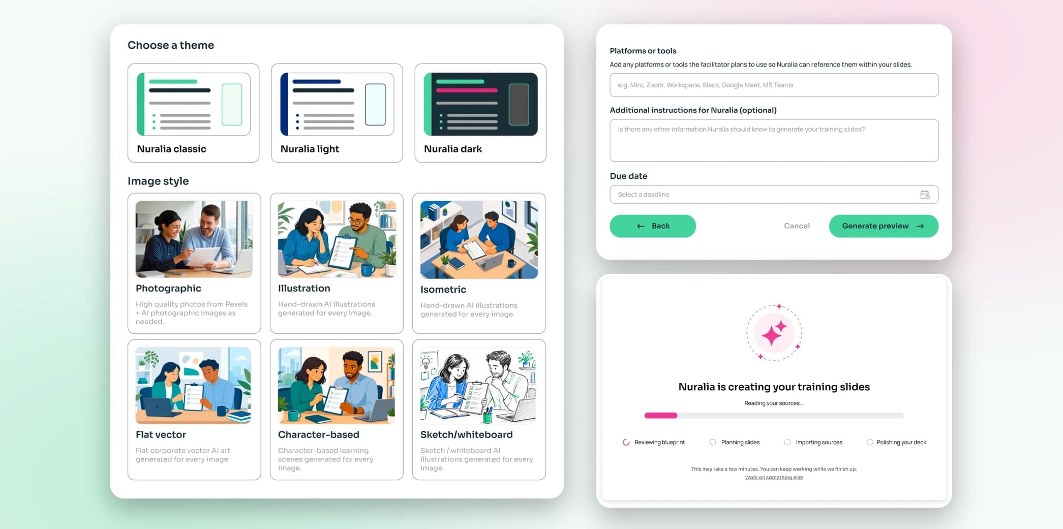 Nuralia's Set up training slides step: a choice of three slide themes and a grid of image styles such as Photographic, Illustration, Isometric, Character-based, and Sketch/whiteboard, beside optional instructions, a due date field, and a Generate preview button, with a Nuralia is creating your training slides loading dialog beneath.