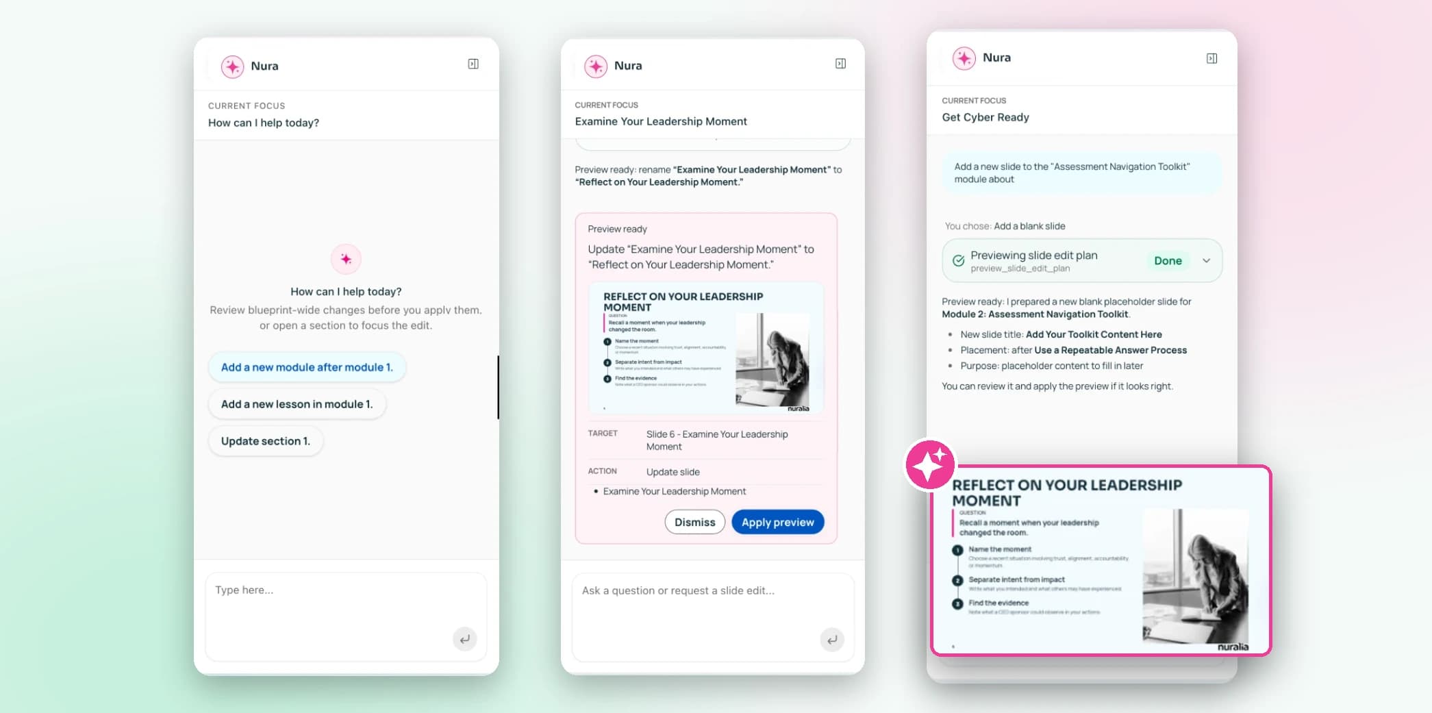 Three Nura chat panels showing suggested edits, a Preview ready card with Dismiss and Apply preview buttons, and a completed slide edit plan, with the AI-generated Reflect on your leadership moment slide enlarged in a pink frame with a sparkle badge.