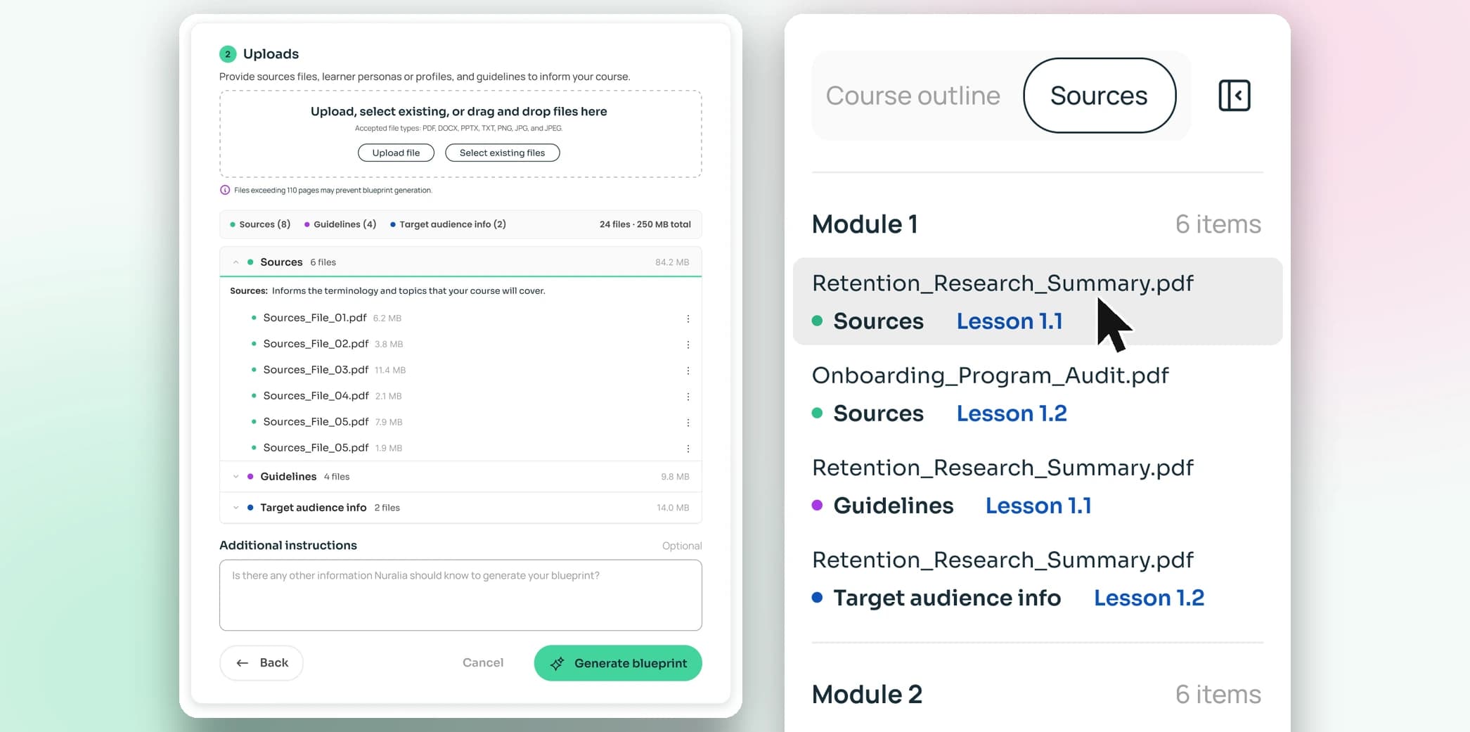 Nuralia's Uploads step with a file drop zone, grouped Sources, Guidelines and Target audience files and a Generate blueprint button, beside the Sources panel listing each file under Module 1 with its type and lesson, one row highlighted grey under a cursor.