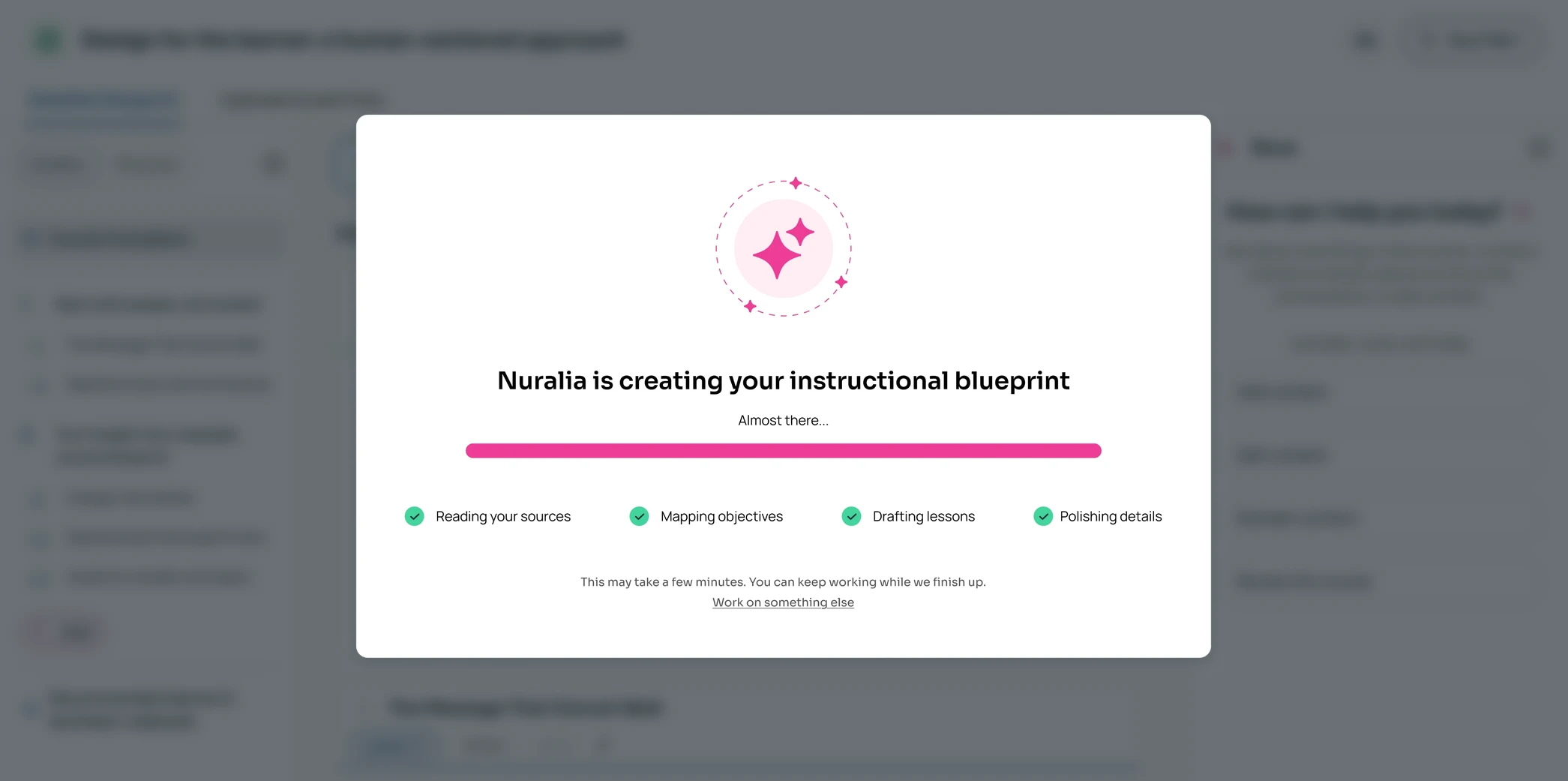 Nuralia's blueprint workspace dimmed behind a loading dialog that reads Nuralia is creating your instructional blueprint, with a full progress bar and four completed steps: reading sources, mapping objectives, drafting lessons, and polishing details.